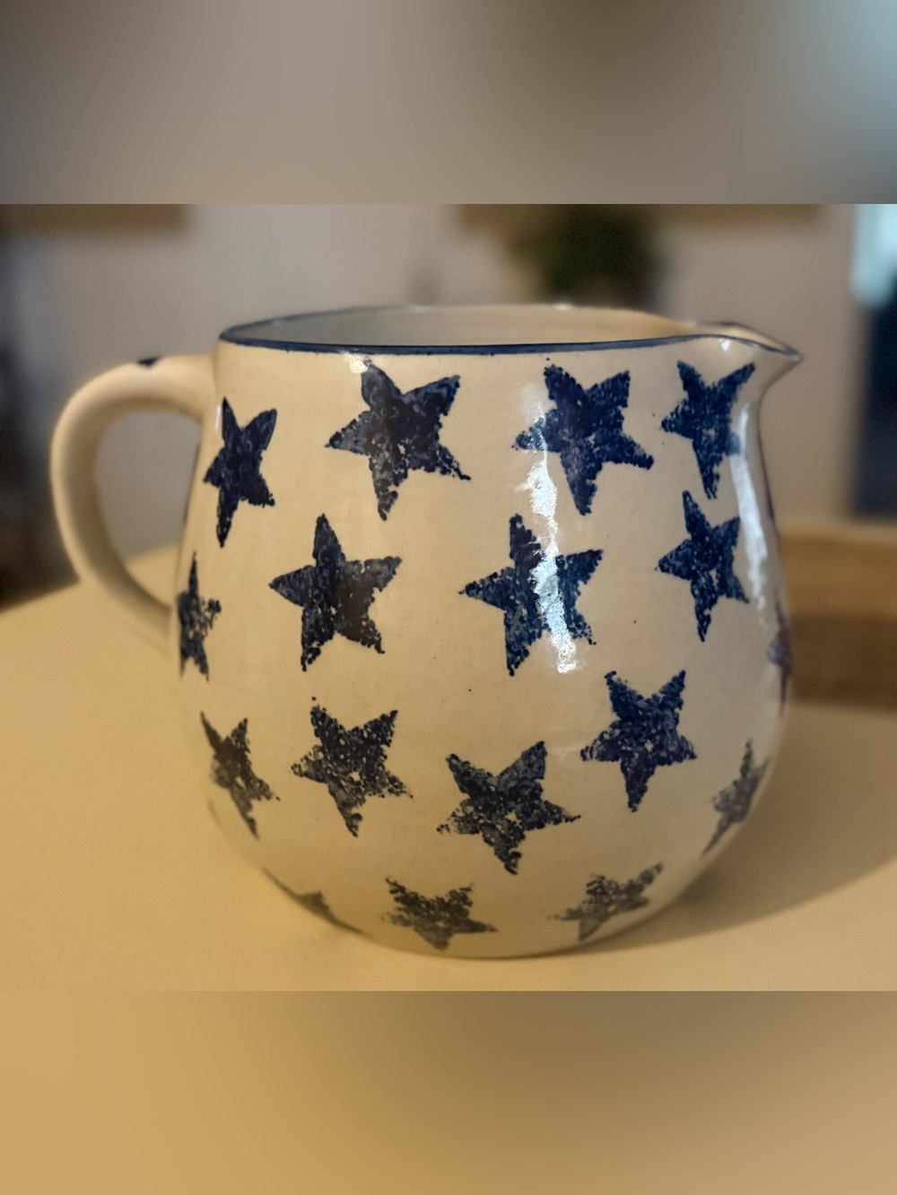 Vtg Stoneware Cream & Blue Star
Pitcher At Home America Marshall Pottery 1895